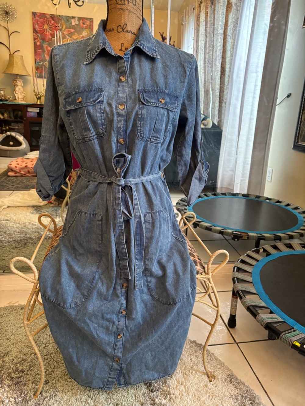 Denim Shirt Dress with Tie Waist - Blue